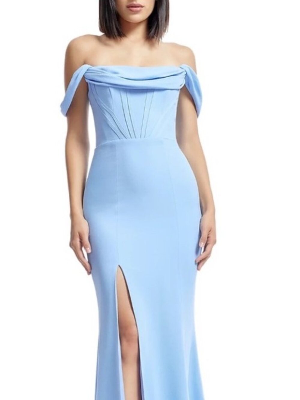 NWT Dress The Population "Melania" Sky Blue Crepe Off-The-Shoulder Gown. Size XS